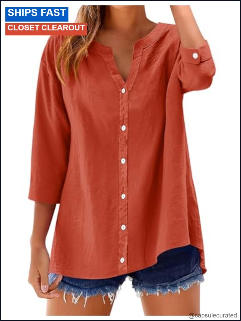 Cotton Linen 3/4 Sleeve V-Neck Button Down Shirt Women's Blouse Loose Fit